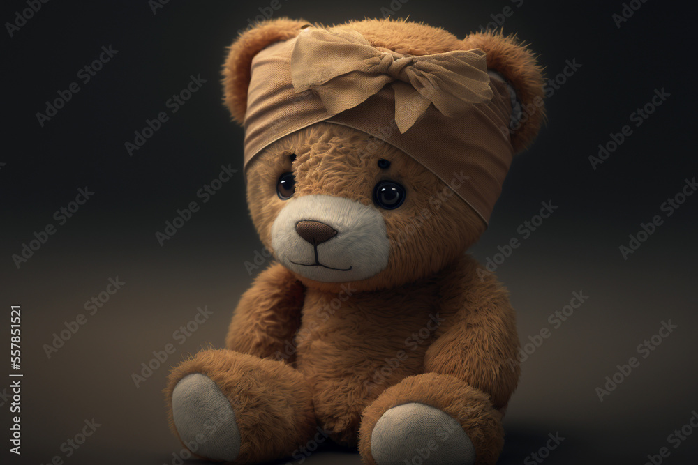 Sad looking teddy bear with a bandage wrapped around his head, showing sympathy for human ills. Artwork created with generative ai Sad looking teddy bear with a bandage wrapped around his head, showing sympathy for human ills. Artwork created with generative ai