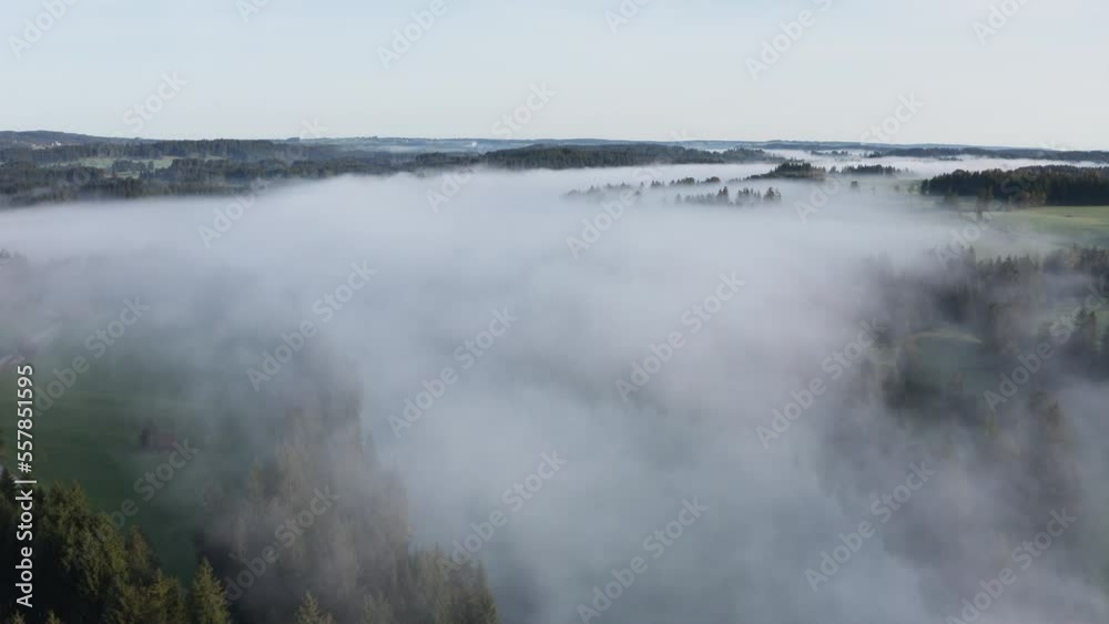 Aerial view of the river Lech with fog in autumn near Steingaden Aerial view of the river Lech with fog in autumn near Steingaden
