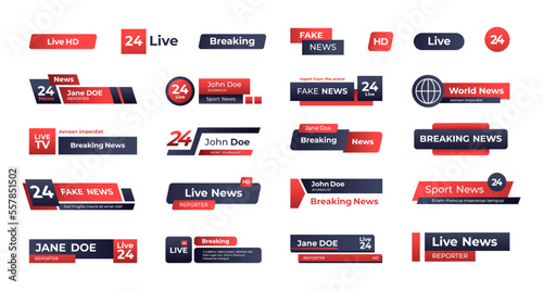 News headline banner. Broadcast tv channel header interface, television lower bar information, streaming live video sticker. Vector isolated set of channel header broadcast, headline news illustration