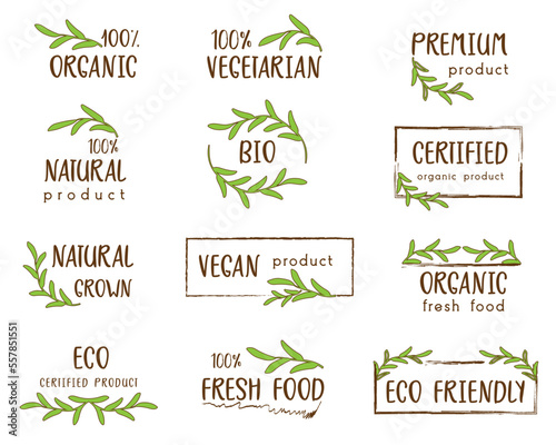 Set of organic and natural food stickers, badges, logo and icon for marketing material, product promotions and web design.