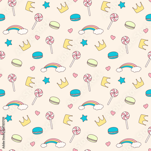 colorful seamless pattern with rainbow  macaroon  lollipop  crown and hearts