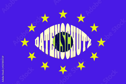 Das Gesetz Datenschutz Verordnung DSGVO als Logo mit Sternen und verzerrter Schrift als Auge Vektor