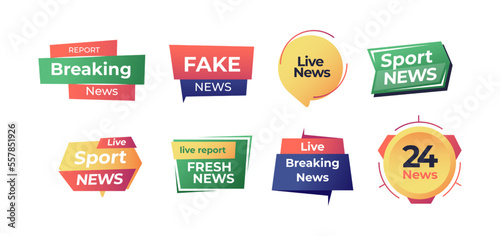 News label. Badges of latest global information stream report, daily media breaking announce message banners for newsletter flat style. Vector isolated set of label news and headline illustration