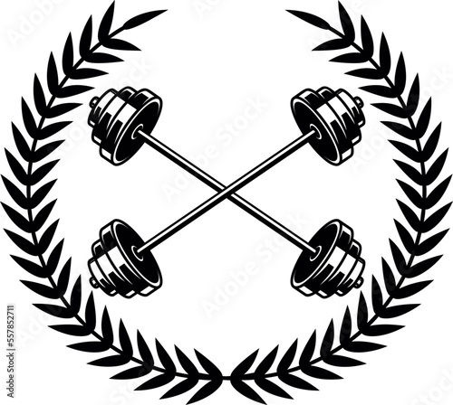 Emblem template with crossed barbells and wreath. Design element for logo, sign, emblem. Vector illustration