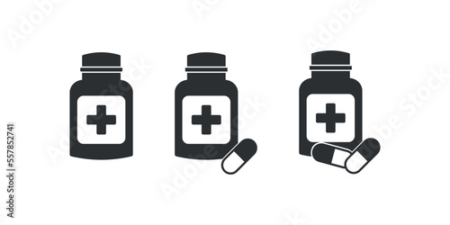 Medicine bottle and pills icon set. Capsule packaging illustration symbol. Sign medication vector desing.