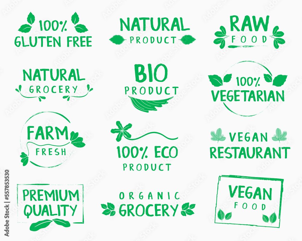 Organic food and natural product logo, sign, sticker, labels and badges collection for food market, organic and natural products promotion and premium quality food and drink. Vector illustration.