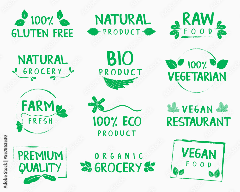 Organic food and natural product logo, sign, sticker, labels and badges collection for food market, organic and natural products promotion and premium quality food and drink. Vector illustration. Organic food and natural product logo, sign, sticker, labels and badges collection for food market, organic and natural products promotion and premium quality food and drink. Vector illustration.