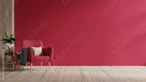 Viva Magenta wall background mockup with armchair furniture and decor. photo