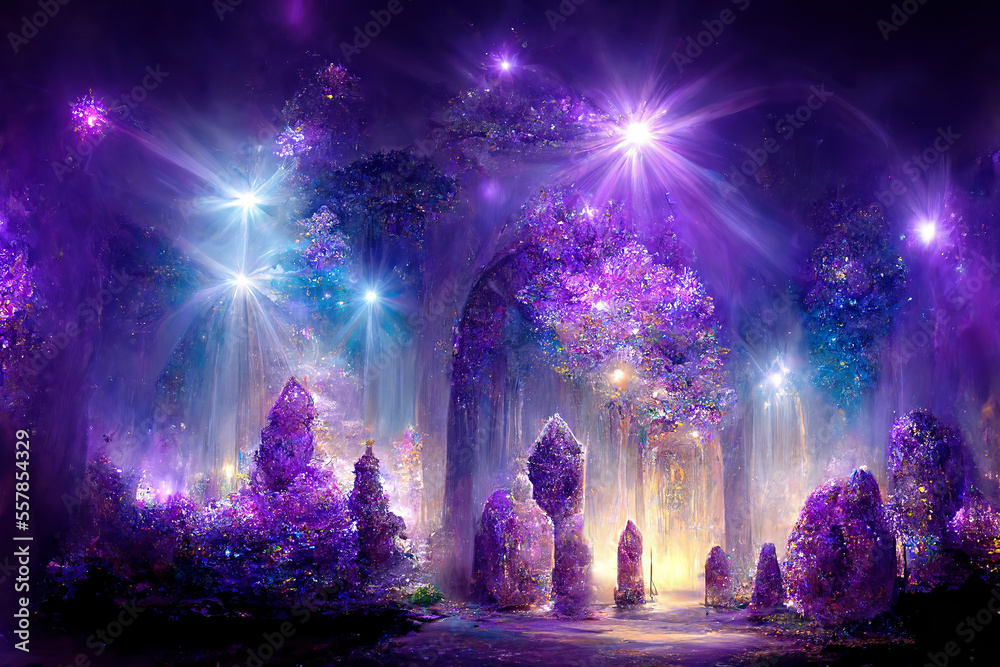 Beautiful crystal heaven. Crystal gate with crystals. Crystal kingdom. Digital art.