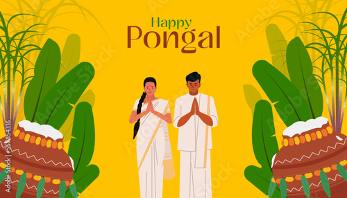 Happy Pongal text and south Indian family celebrating the festival with sugarcane, Rangoli, and pot rice. Indian cultural festival celebration concept