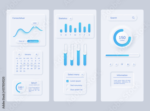 User interface kit neumorphism chart anf graphic. Vector illustration of app interface ui, mobile template website menu