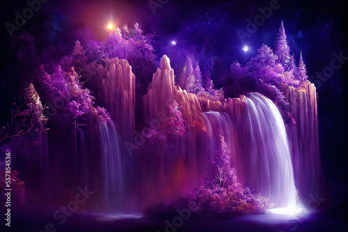 Beautiful mystical landscape with a crystal waterfall and a beautiful purple forest in the cosmic space. Digital art.