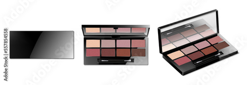 Set of makeup eyeshadow palettes isolated on white background. Eyeshadow or blush kit containers. Opened and closed compact makeup cosmetic case with mirror. 3d realistic vector