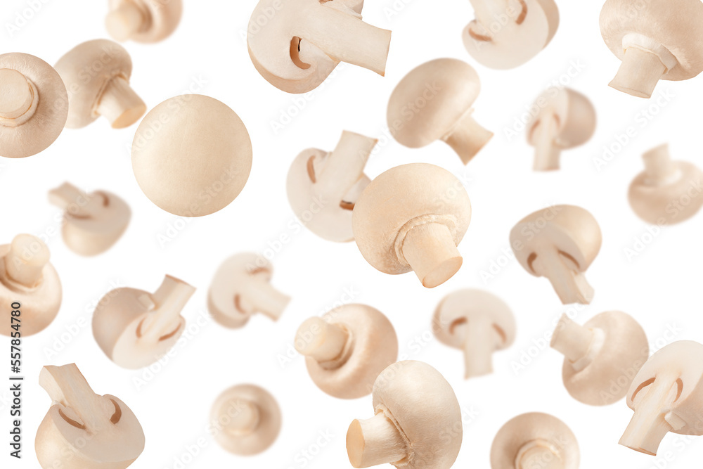 Falling mushrooms on white surface for advertisement