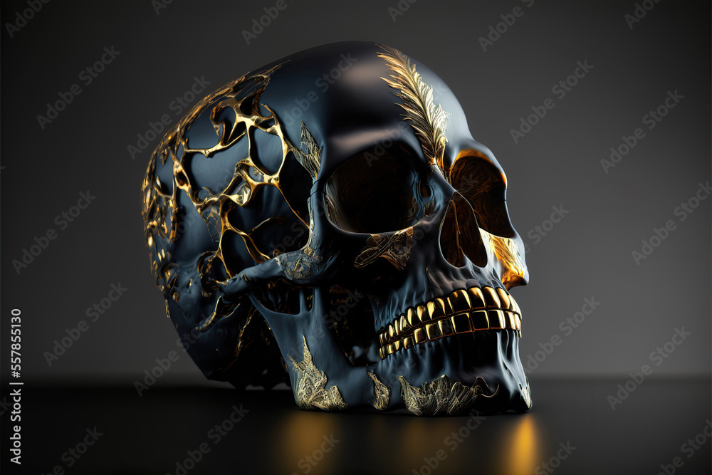 human balck and gold skull on dark backdrop, generative ai human balck and gold skull on dark backdrop, generative ai