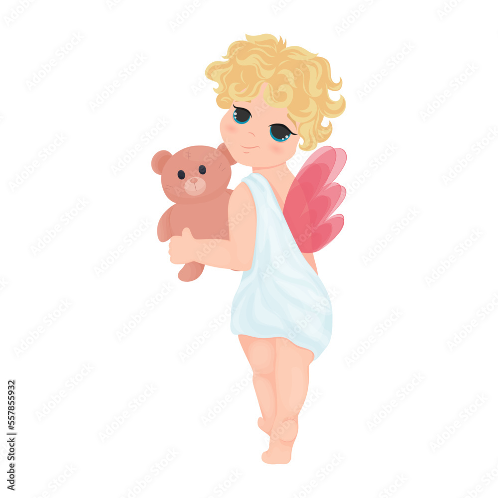 Illustration with a cute character, Amur, cupid holding a teddy bear, clipart for Valentine's Day