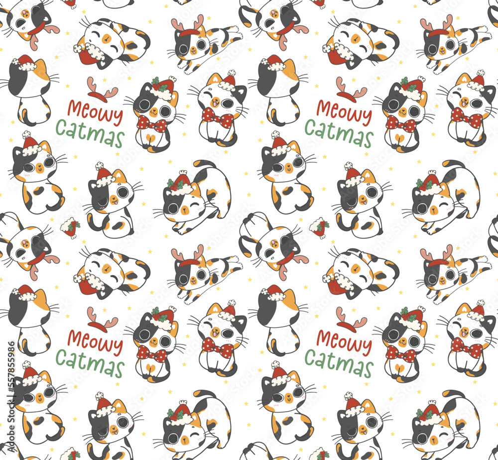 Cute pattern seamless background funny Santa Calico kitten cats Christmas animal cartoon doodle drawing isolated on white background Cute pattern seamless background funny Santa Calico kitten cats Christmas animal cartoon doodle drawing isolated on white background