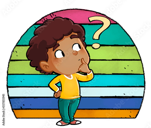 Illustration of little afro boy with question mark symbol