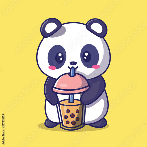 Cute Panda Drinking Boba Tea Milk Cartoon Vector Icon. Animal Drink Icon Concept Isolated Premium Vector Image Isolated. Flat drawing style.