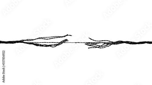 Long black thread on the verge of breaking, isolated on white background. Break the tough black rope. Rope under pressure on a white background. Black thread isolated on white background.