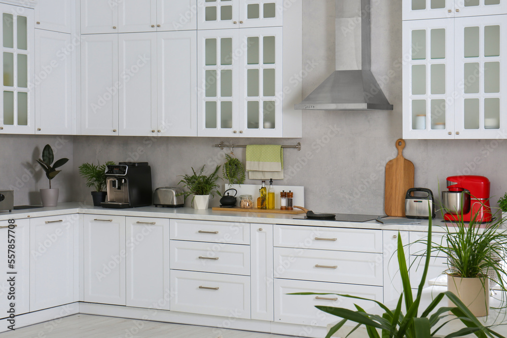 Fototapeta premium Beautiful kitchen interior with stylish modern furniture