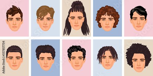 A set of men avatars with different hairstyles. Collection of trendy male haircuts, short and long. Barbershop banner.