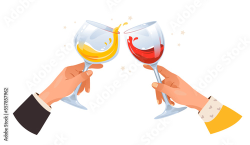 Glass with spirit in hands. Hands holding wine and champagne in glasses. Cheers or drinking toast. Cartoon vector illustration
