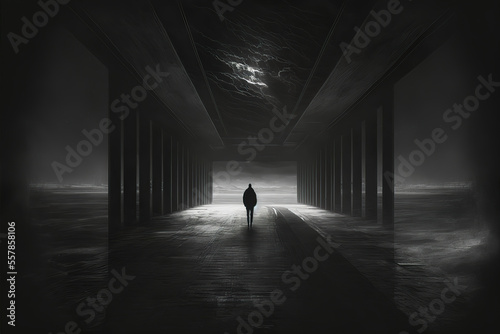 silhouette of a person walking in a tunnel, deep dark depression, inside void, lonelyness, generative ai