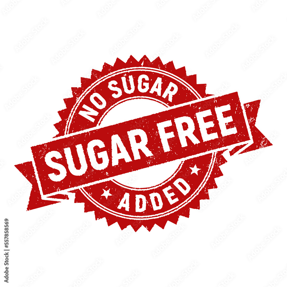 Red sugar-free grunge ribbon rubber stamp. Badge no sugar added. Design elements for labels, stickers, banners, posters for food and health business. Vector illustration. Red sugar-free grunge ribbon rubber stamp. Badge no sugar added. Design elements for labels, stickers, banners, posters for food and health business. Vector illustration.