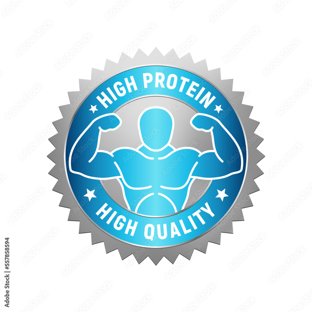 Badge of high protein. Silver and blue high quality rubber stamp. Design elements for labels, stickers, banners, posters for food and health business. Vector illustration. Badge of high protein. Silver and blue high quality rubber stamp. Design elements for labels, stickers, banners, posters for food and health business. Vector illustration.