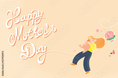 Happy mother's day celebration card vector illustration. Mother and daughter hugging. A little girl jumping in her mother's arms with a bouquet of flowers. Removable cursive text in background.