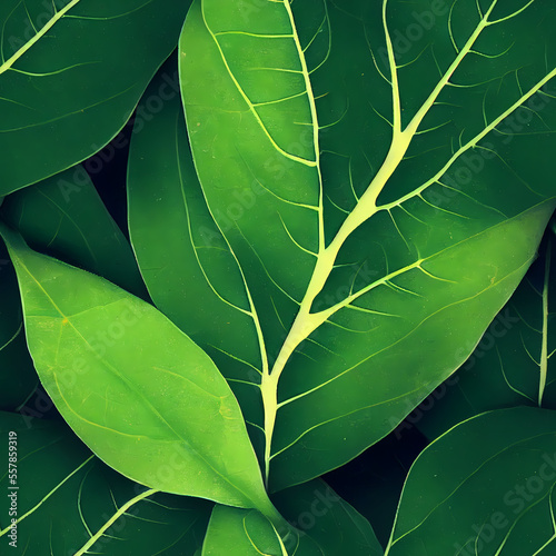 Long Green Tree Forest Leaves and Stems on Dark Background (Seamless Repeating Tiling Pattern) (AI)