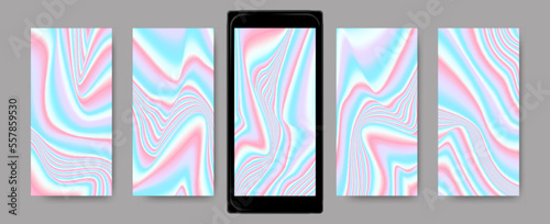 Color Hologram Background. Abstract Vibrant Templates for Mobile. Neon Liquid Textures. Holography Screensavers. Bright Fluid Wallpaper. Vector Gradient Waves. Mesh Holographic Set. © ingara