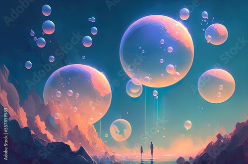 A group of bubbles floating in the air. Fantasy. Art. Landscape. Generative AI.
