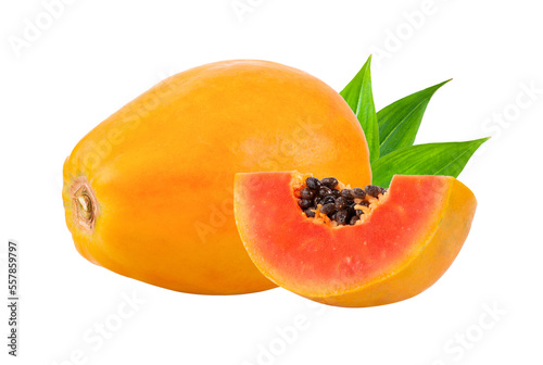 ripe papaya fruit with leaf  isolated on transparent png
