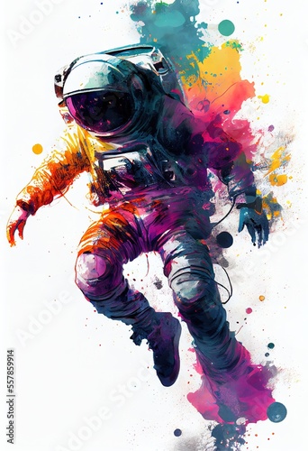 Fototapeta Naklejka Na Ścianę i Meble -  Space explorer, astronaut soaring in outer space. Abstract colorful illustration. Generative art