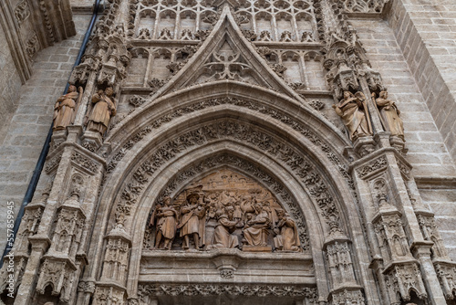 Facade details on the Seville Cathedral of Saint Mary of the See in Seville, Andalusia, Spain