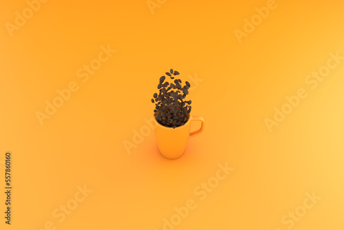 3d illustration Yellow Coffee mug and coffee beans