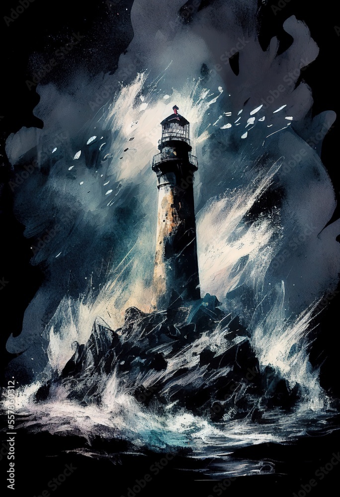 Lighthouse on the rock and breaking waves. Colorful watercolor illustration on black background. Generative art.