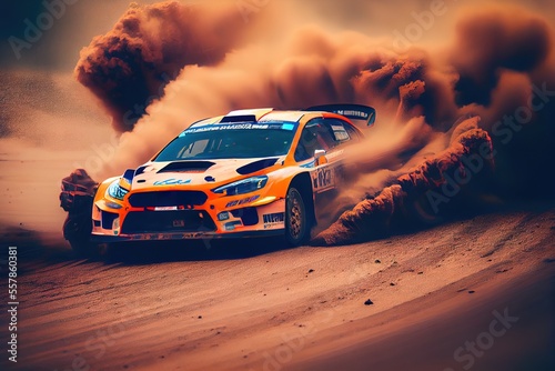 Rally car riding on high speed at the dirt track. Generative art photo