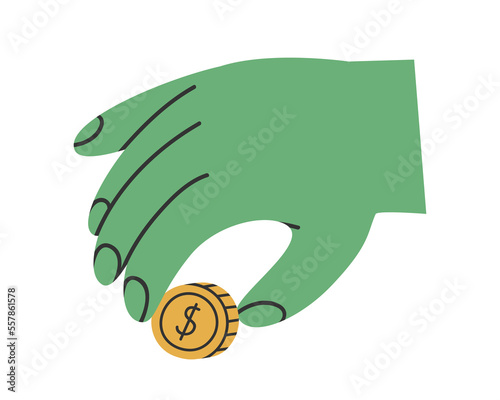 Hand drawn cute illustration of hand with coin. Flat vector giving money to charity in simple colored doodle style. Philanthropy, volunteer, finance sticker, icon or print. Isolated.