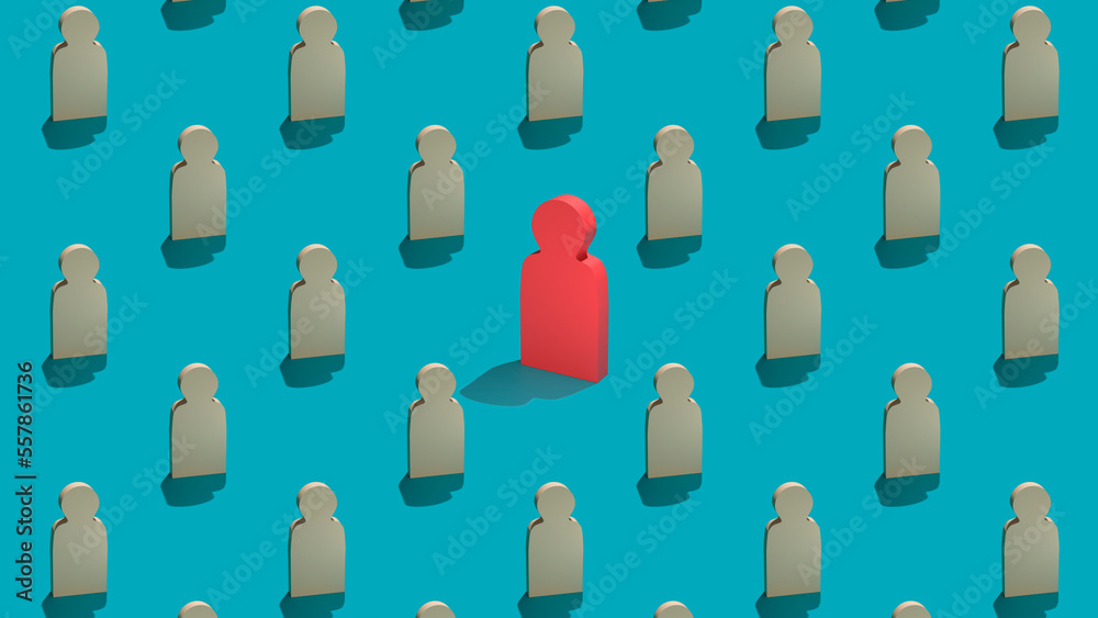 Red wooden man stands in the middle of white figures of people. Seamless graphic pattern. An outcast, a schismatic, a bad person. Not like everyone else. 3D rendering Red wooden man stands in the middle of white figures of people. Seamless graphic pattern. An outcast, a schismatic, a bad person. Not like everyone else. 3D rendering