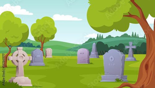 A cemetery with tombstones among trees in a clearing. Stone marble tombstones. Memory of the dead. Vector illustration