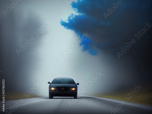 A mysterious car waits on a lonely road.