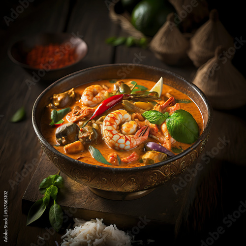 Thai cuisine, red curry with shrimp, prawns, classic delicious thai dish