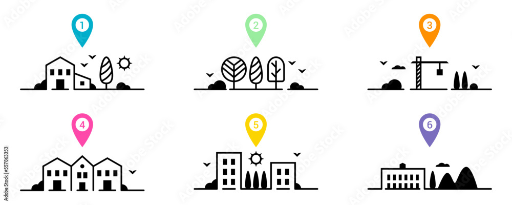 Illustration vecteur pictogrammes avec icônes de géolocalisation, bâtiments et paysages pour carte interactive, résidence immeuble parc arbre, élément graphique pour support de communication