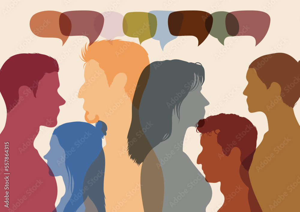 An example of a speech bubble and communication between people. Group of people from diverse backgrounds engaged in dialogue. Conversations and profiles in a crowd. Vector Illustration