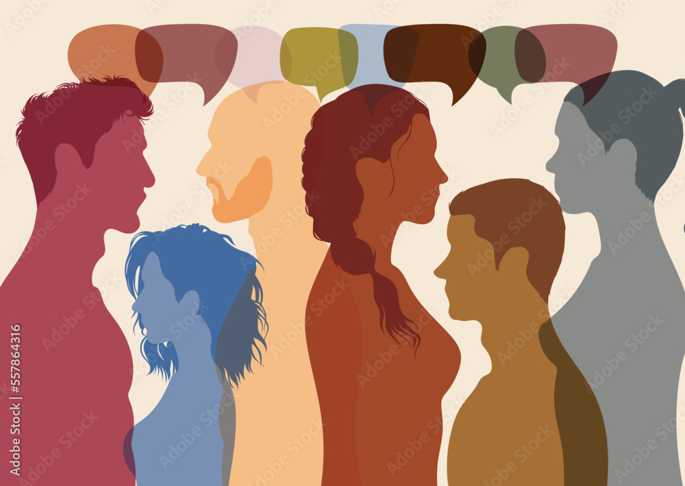 Meeting and networking with a diverse group of people. Speech bubbles. Let's talk in the community. The concept of communication and chatting with friends. Vector Illustration