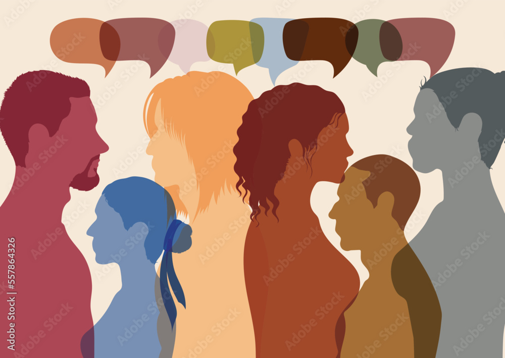 A communication bubble and a social networking site. Several people talking in a group profile. Crowd speaks, concept communicates. Vector Illustration