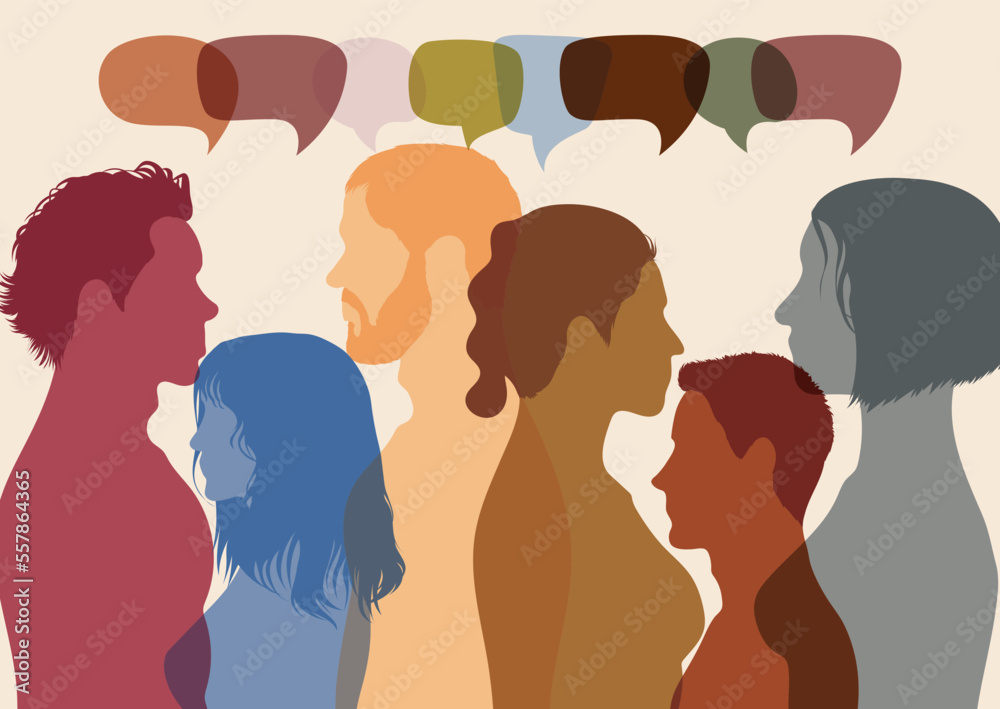 Interactive speech bubble and dialogue group with diverse participants. People of different ethnicities communicating. Talk about globalisation and discussion. Vector Illustration